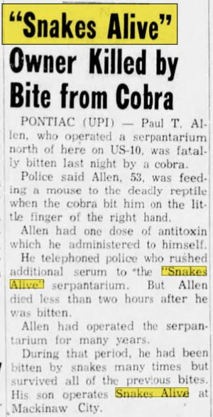 Snakes Alive - Aug 1961 Article On Death Of Owner